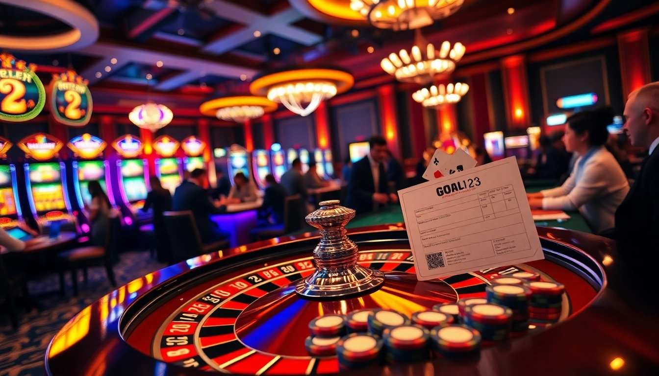 Goal123 players engaging in thrilling casino games with vibrant lights.