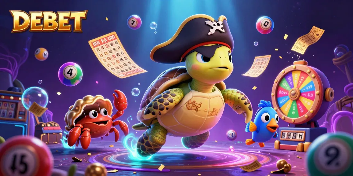 Experience the thrill of DEBET with vibrant lottery elements and dynamic underwater treasure in this lively illustration.