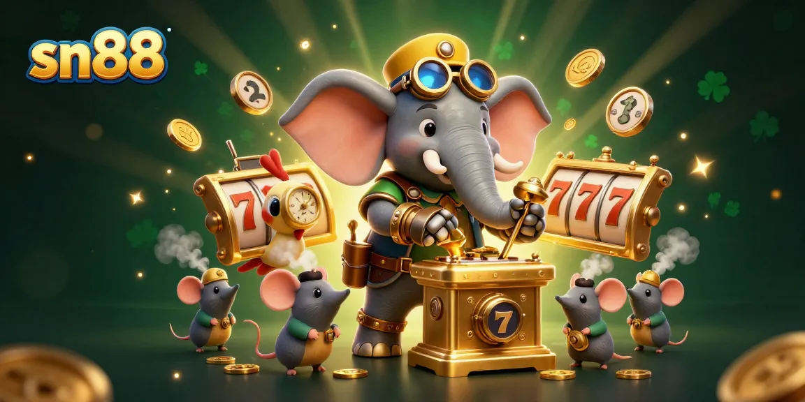Experience thrilling gameplay at sn88 with a steampunk elephant operating a golden slot machine.