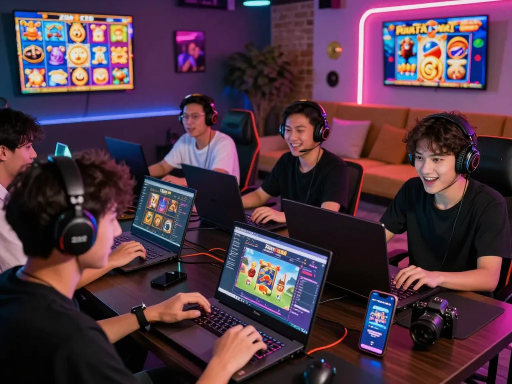 Excited players enjoying the Zeus138 online gaming experience in a vibrant gaming lounge setting, highlighting player engagement and colorful slot graphics.