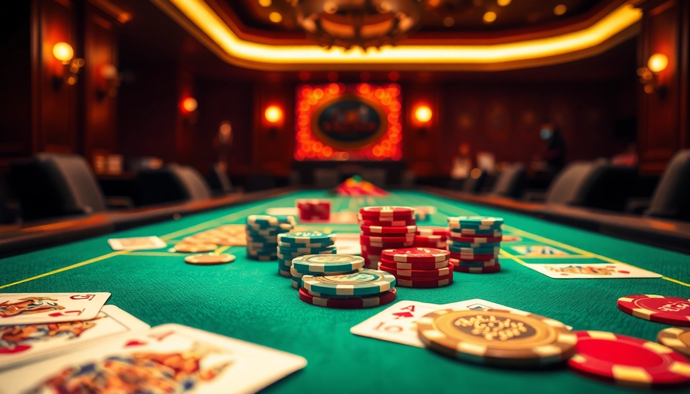 Citinow casino game table with cards and colorful chips in an elegant casino setting.