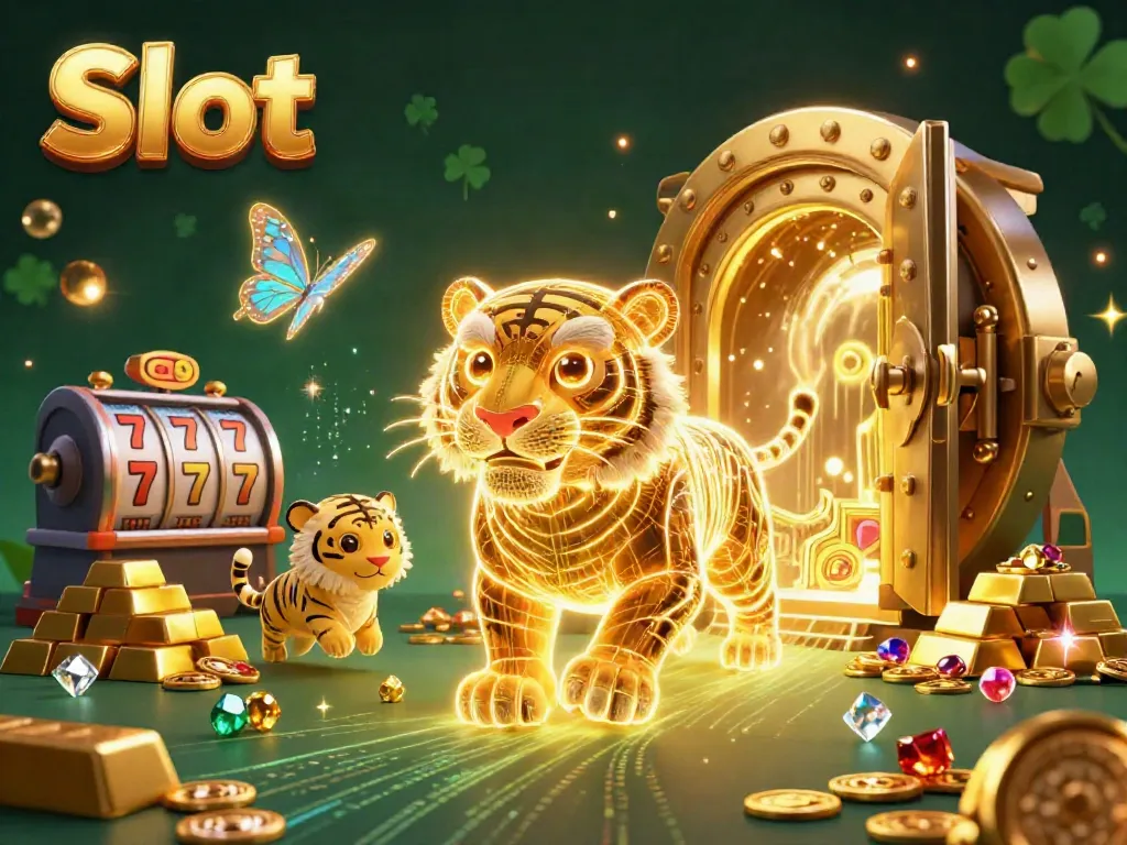 Slot menggabungkan simbol jackpot dengan harimau emas bercahaya dalam latar kasino digital yang memukau.