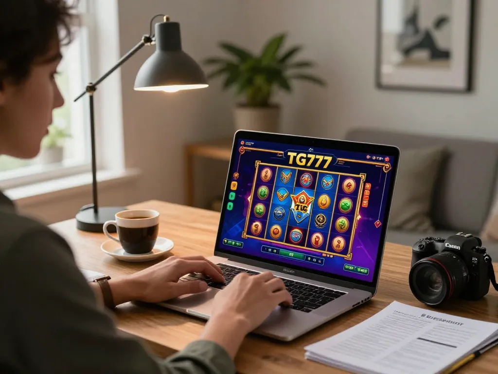 Engaged player enjoying TG777 online slots on laptop, showcasing a cozy home gaming setup.