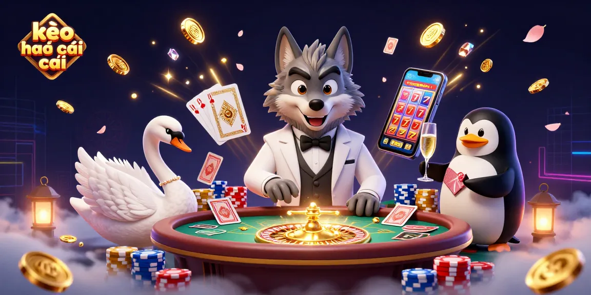 Experience thrilling gaming action with kèo nhà cái featuring a stylish wolf and elegant characters at a vibrant casino.