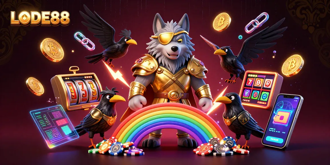 Experience LODE88 with a thrilling 3D illustration featuring Odin's wolf, luxurious casino elements, and vibrant crypto currencies.
