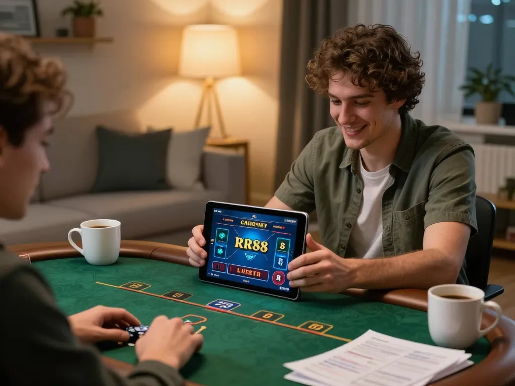 Player engaging in RR88 online casino gaming at home with a tablet, creating a cozy and strategic atmosphere.
