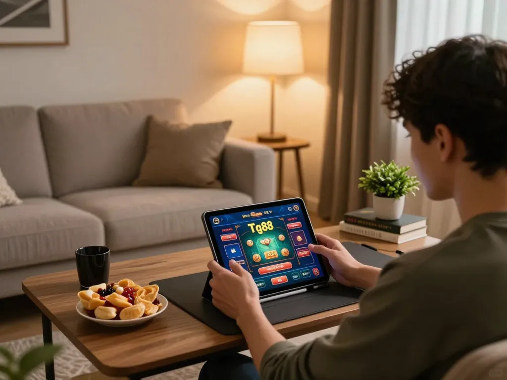 Tg88 online gambling app showcased on a tablet during an engaging home gaming session.