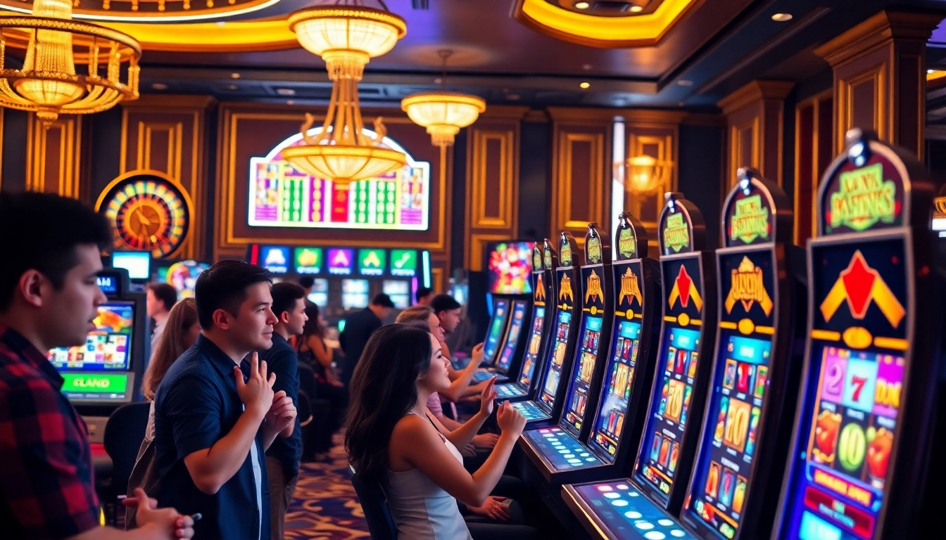 Players enjoying slot depo 25 bonus 25 at an elegant casino with vibrant slot machines.