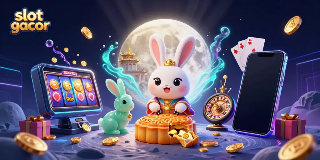 Engage with slot gacor as a moon rabbit reveals poker chips from golden mooncakes in a vivid 3D scene.