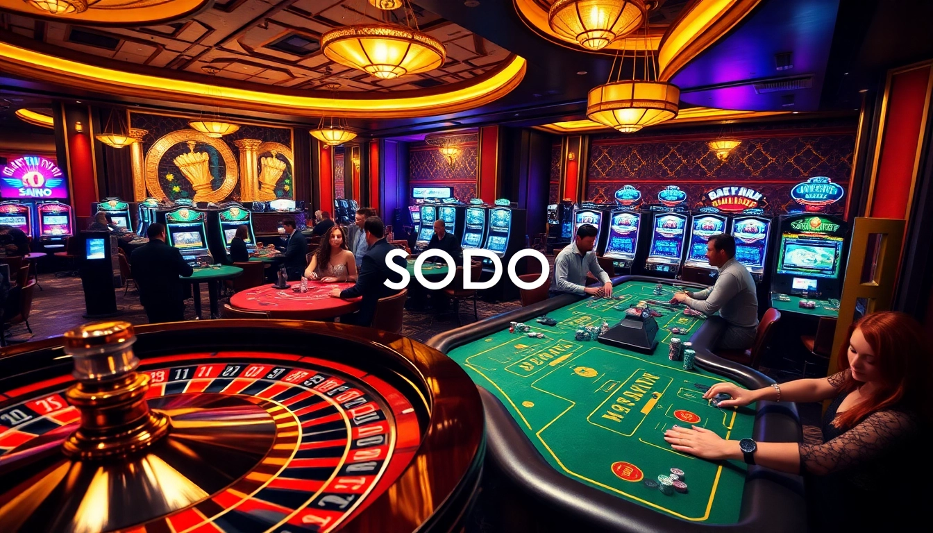 SODO Casino with vibrant poker tables, roulette, and enticing slot machines showcasing gambling action.