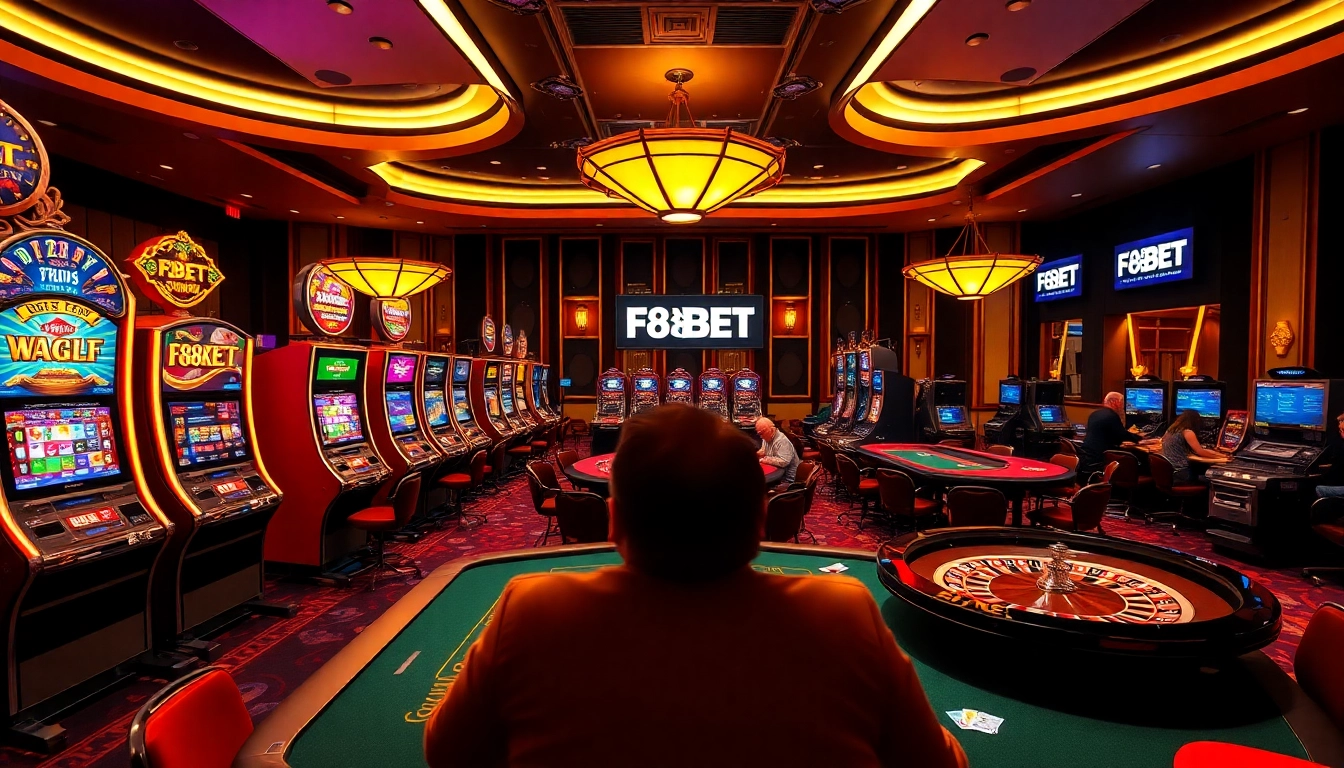 Exciting F8BET casino scene with players at slot machines and poker tables.