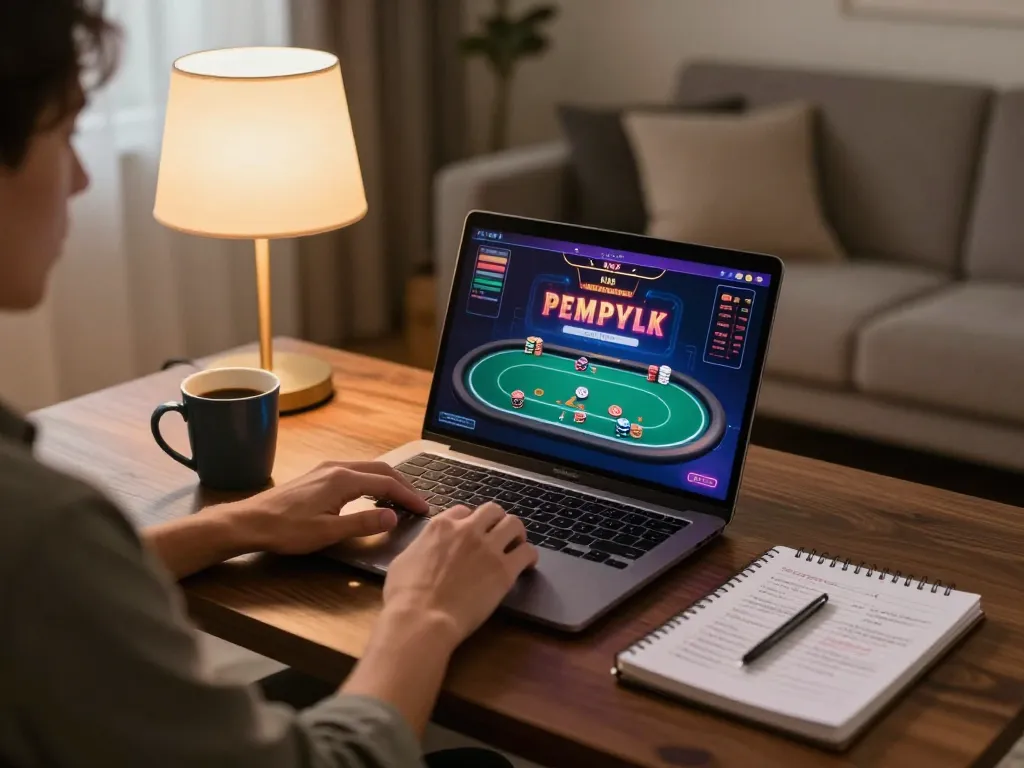 Player strategizing in an online poker game on TR88 platform with cozy home ambiance.
