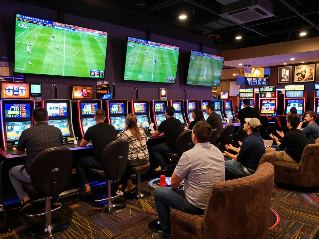 Excited bettors engaging with kèo nhà cái updates during a live soccer match in a modern sports lounge.