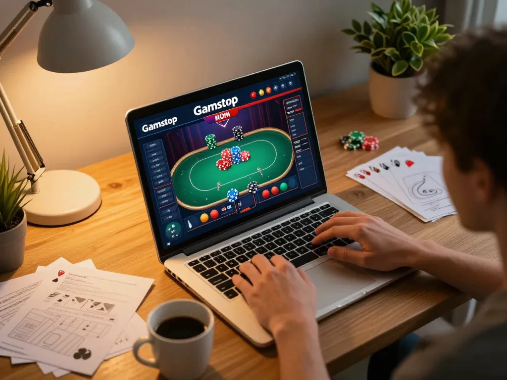 Engaging scene of a player enjoying non Gamstop casinos on a laptop, showcasing vibrant poker gameplay.