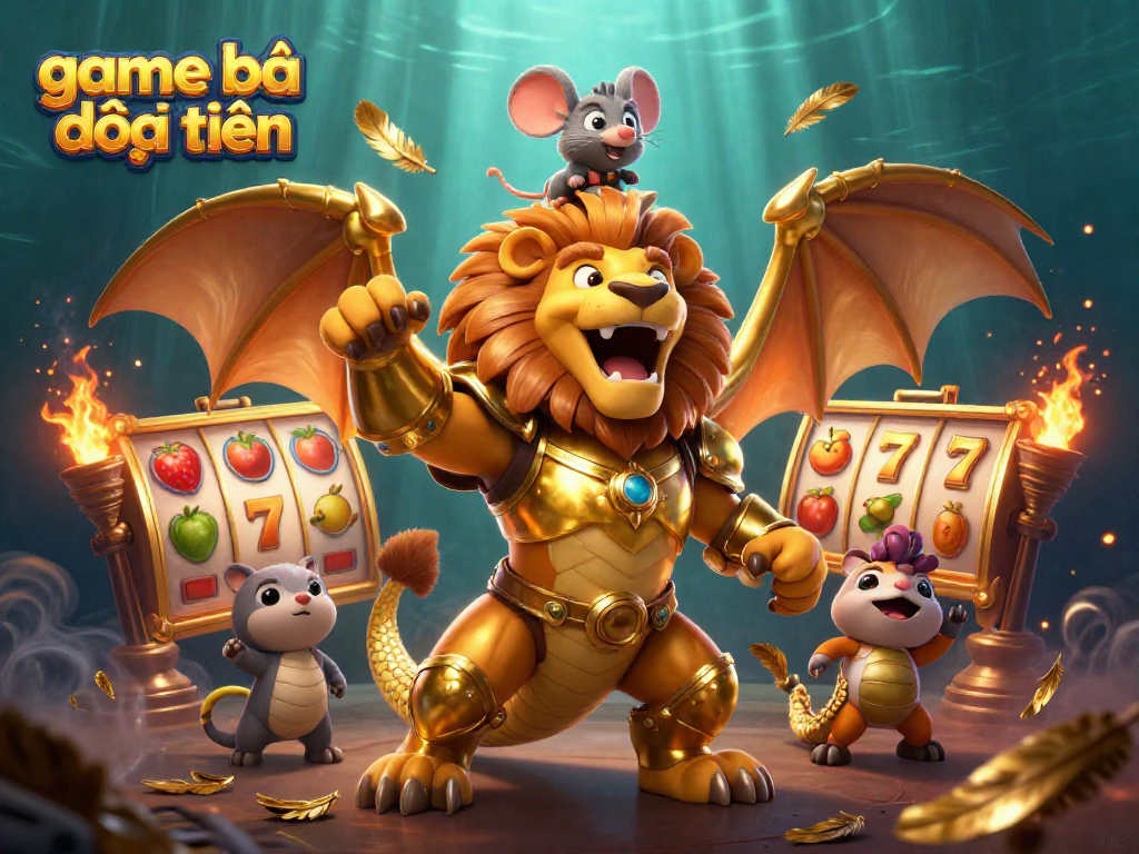 Engage in thrilling game bài đổi thưởng with a golden chimera and vibrant slot elements.