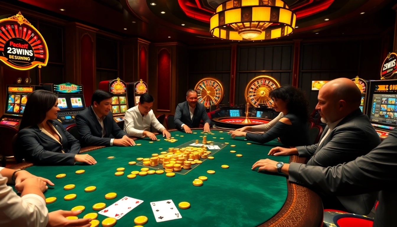 Players engaging in an exciting poker game at 23win05 casino, surrounded by vibrant slot machines.