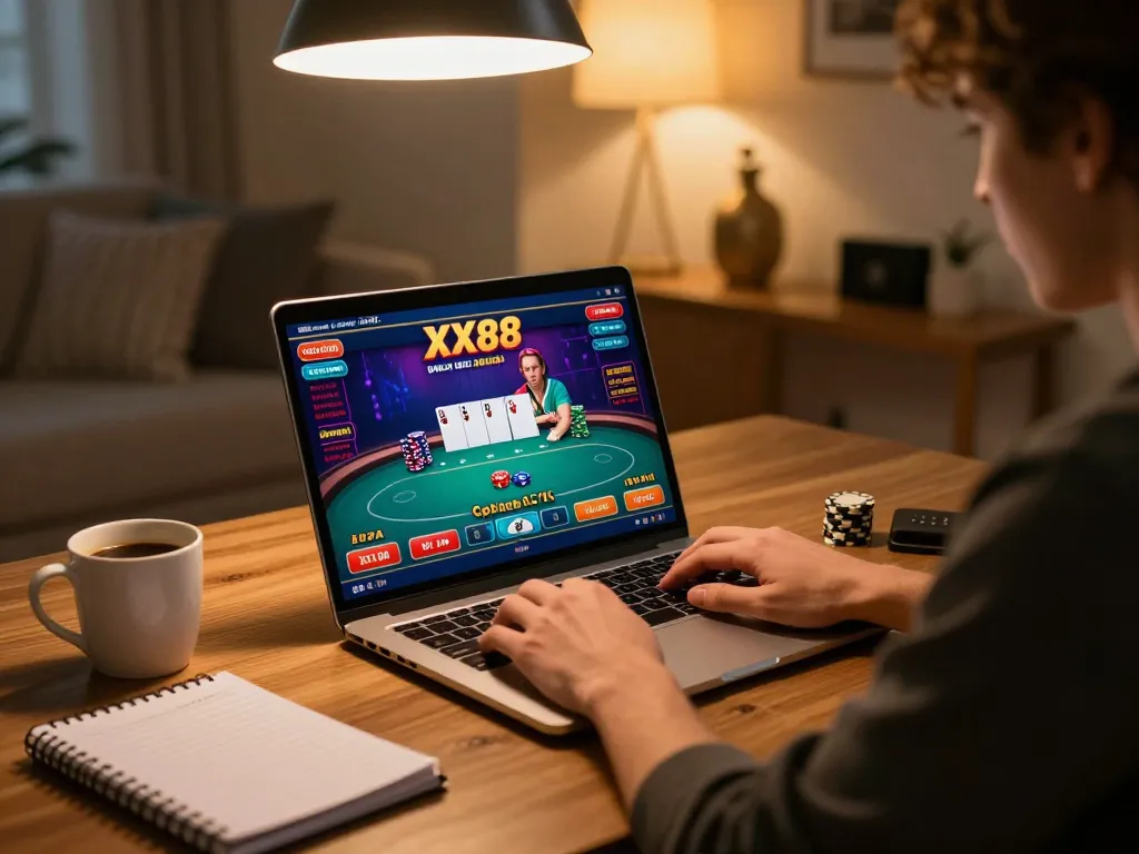 Player enjoying XX88 online poker game at home with warm ambiance and strategic notes