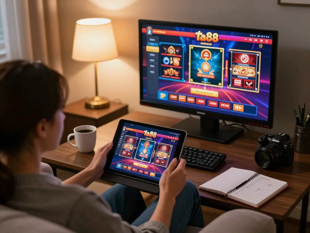 Player enjoying online ta88 gaming experience on a tablet with vibrant casino visuals.