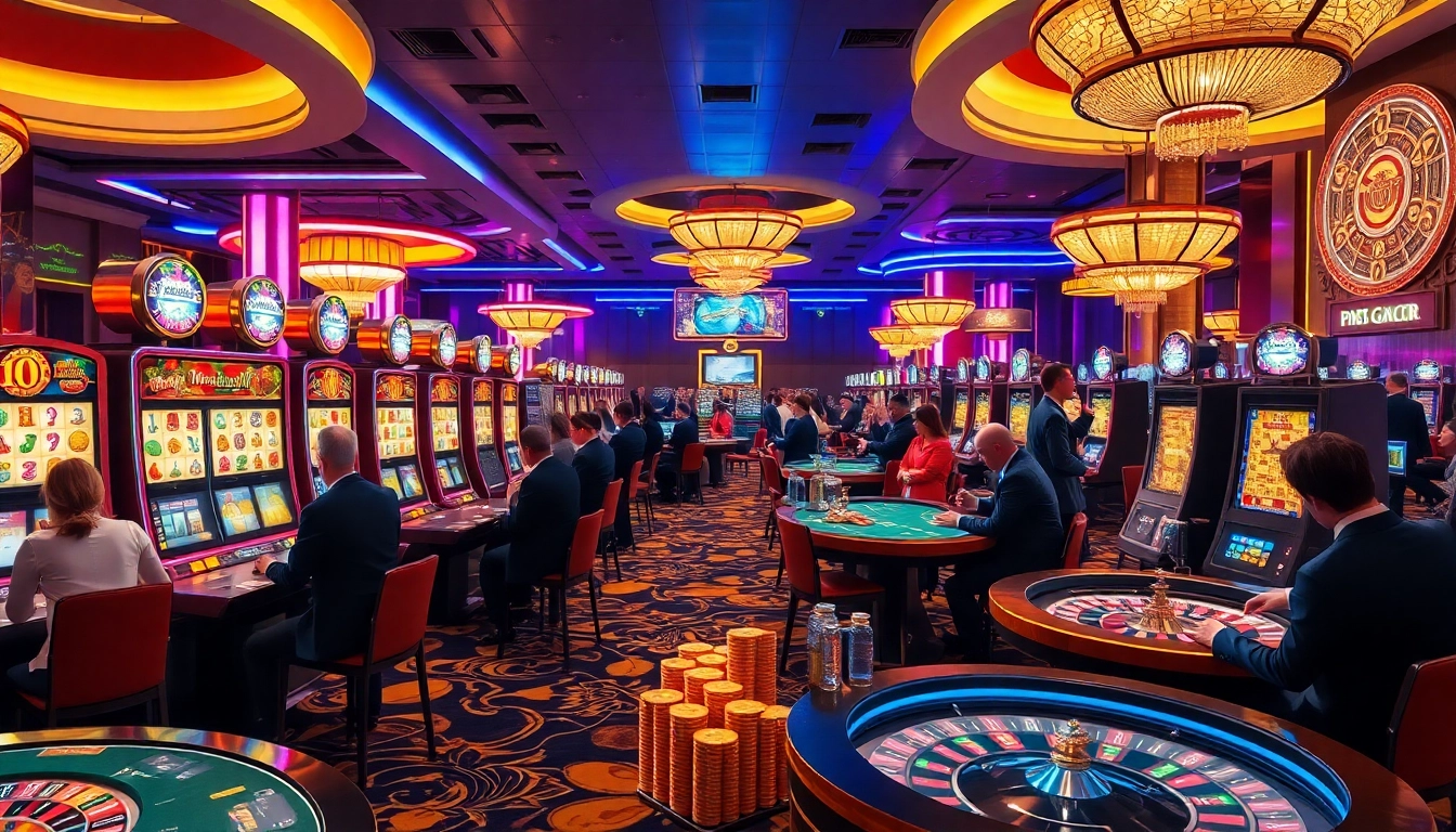 Situs Gacor engages players at luxury casino tables with vibrant Mahjong slots and cheering crowds.