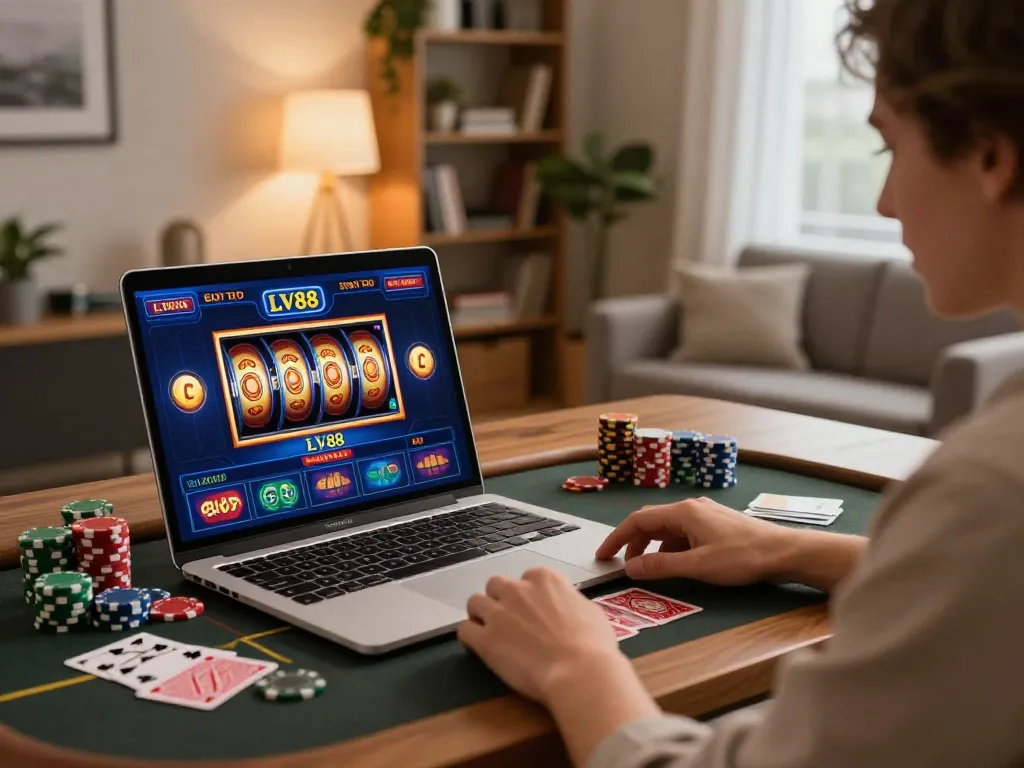 Engaging in LV88 online slot gameplay with vibrant reels and betting setup.