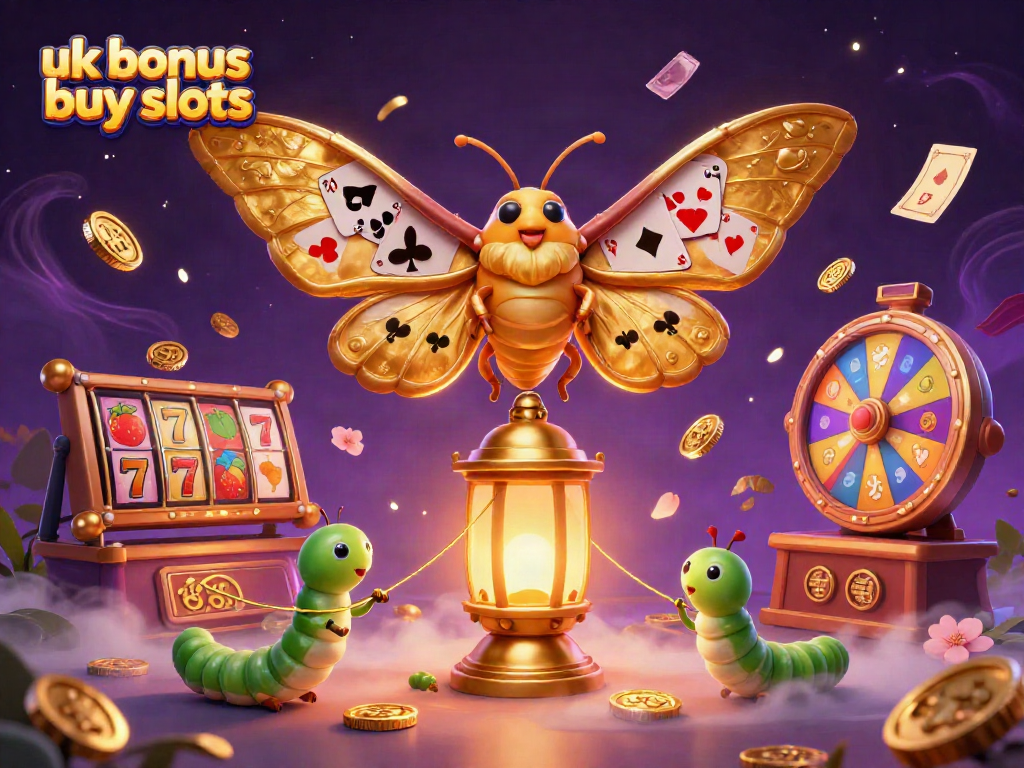 Engage with uk bonus buy slots amidst a vibrant scene of 3D casino elements featuring a golden moth and illuminated lantern.