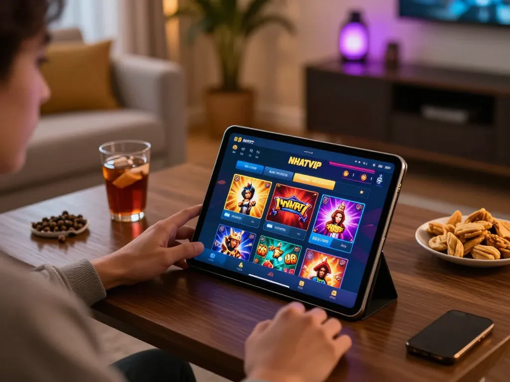 Nhatvip app displayed on tablet screen while enjoying a cozy online gambling session