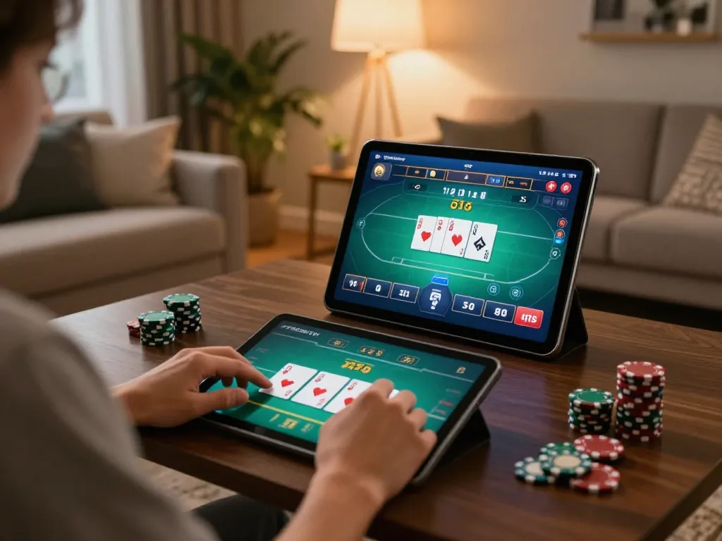 Player engaging in kuwin online gaming on a tablet, showcasing poker interface in a cozy living room
