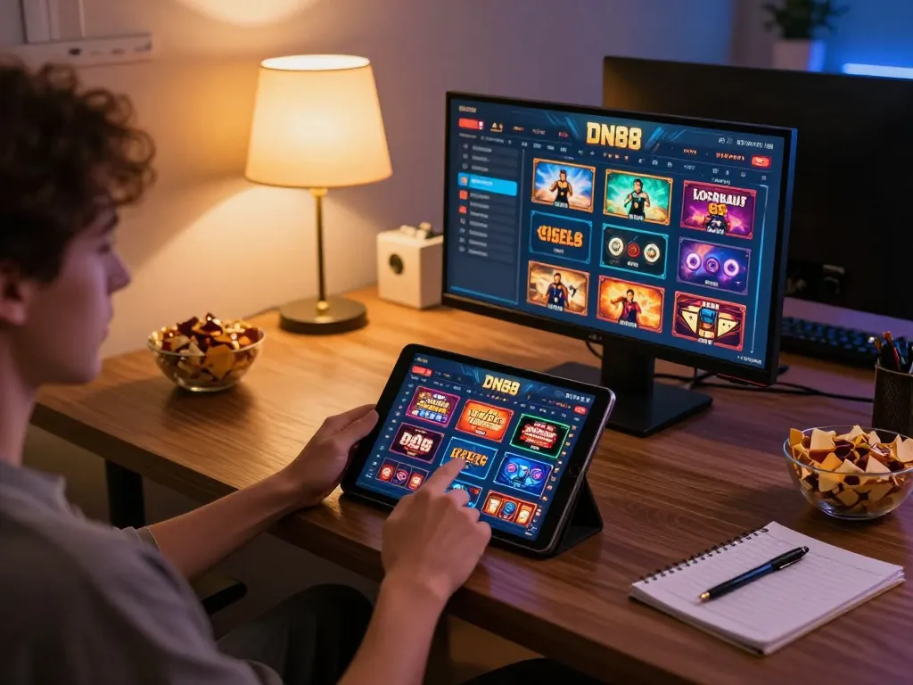 Engaging online gambling experience on DN88 casino app, showcasing tablet interface and cozy gaming setup.