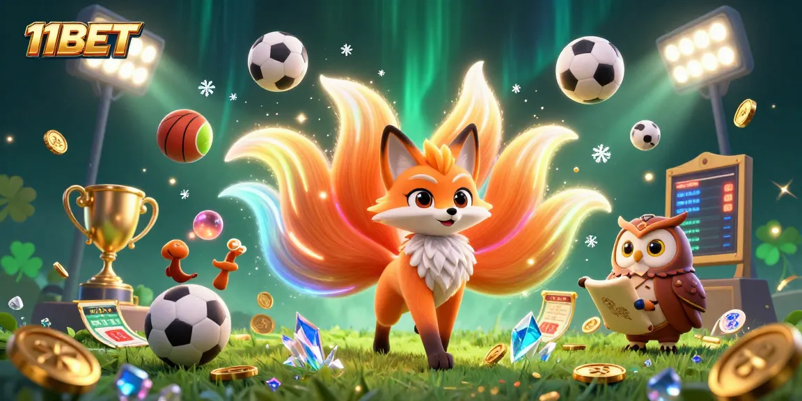 Engaging 11BET sports betting scene with a glowing nine-tailed fox, wise owl, and dynamic sports elements.