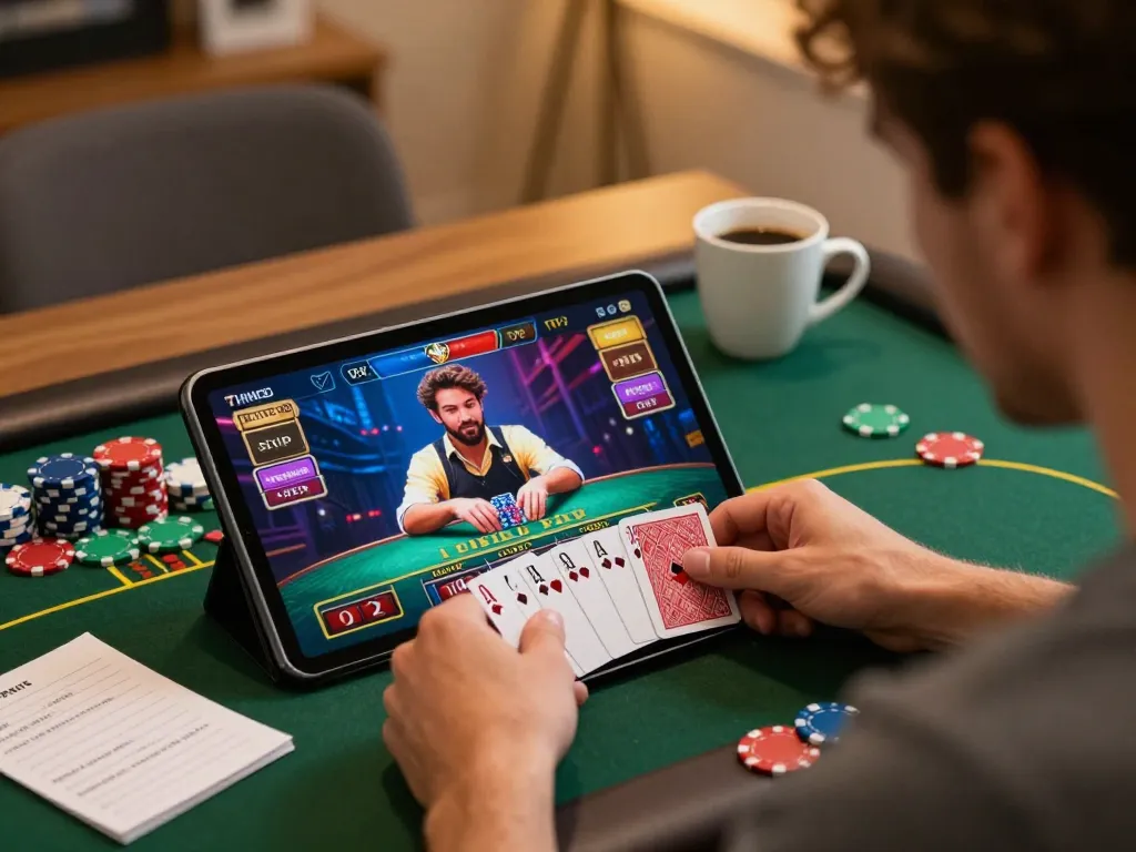 Engaging in a live blackjack game on a tablet while practicing responsible gambling with links to various resources on 링크모음.