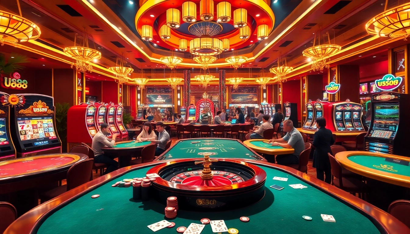 U888 players engaging in thrilling casino games with vibrant atmosphere and excitement.