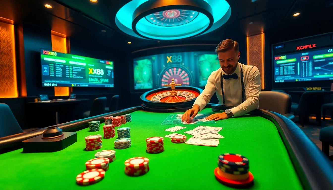 Join exciting games at XX88 with vibrant casino tables, poker chips, and roulette wheels.