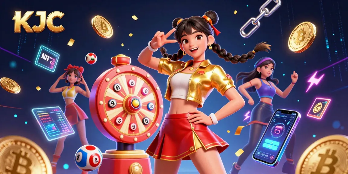 KJC provides a vibrant lottery experience with a stunning character surrounded by colorful lottery balls and prizes.