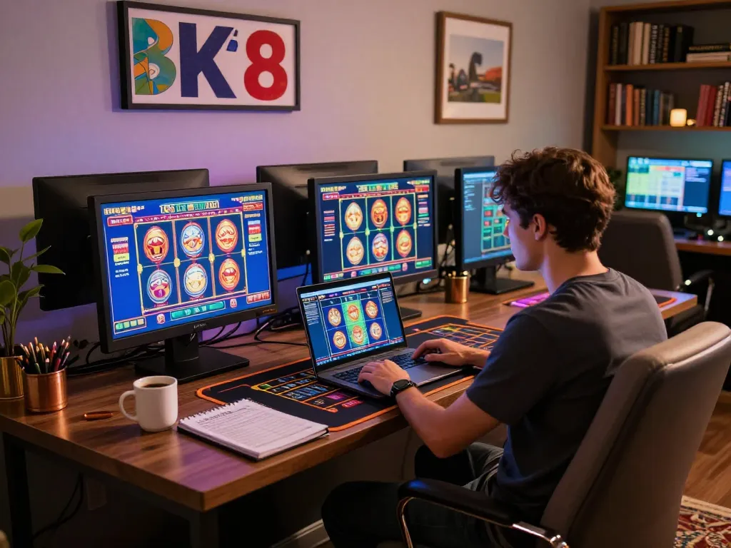 Player strategizing on BK8 game interface in an engaging home setup, showcasing vibrant online gambling atmosphere.