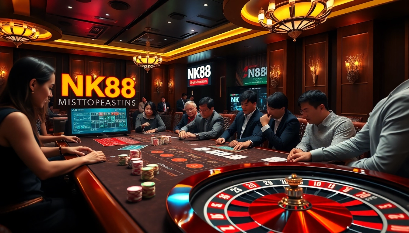 Exciting casino scene with NK88 logo featuring poker chips and players in action.
