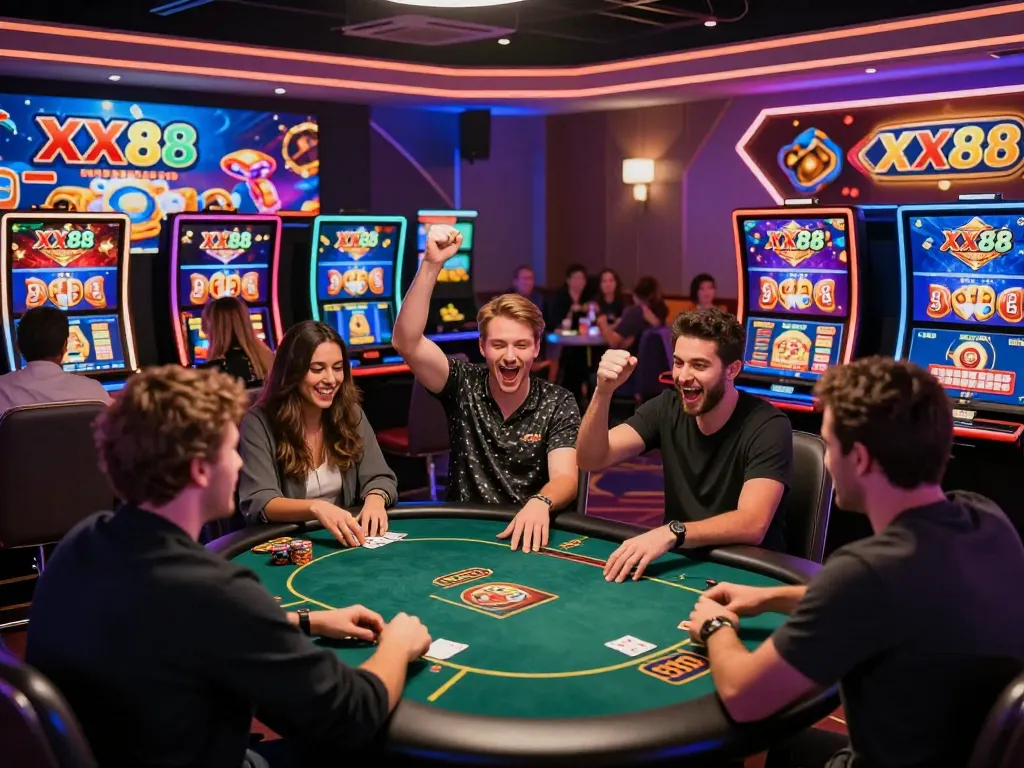 Exciting gaming atmosphere at XX88, showcasing diverse players celebrating big wins in a vibrant online casino environment.