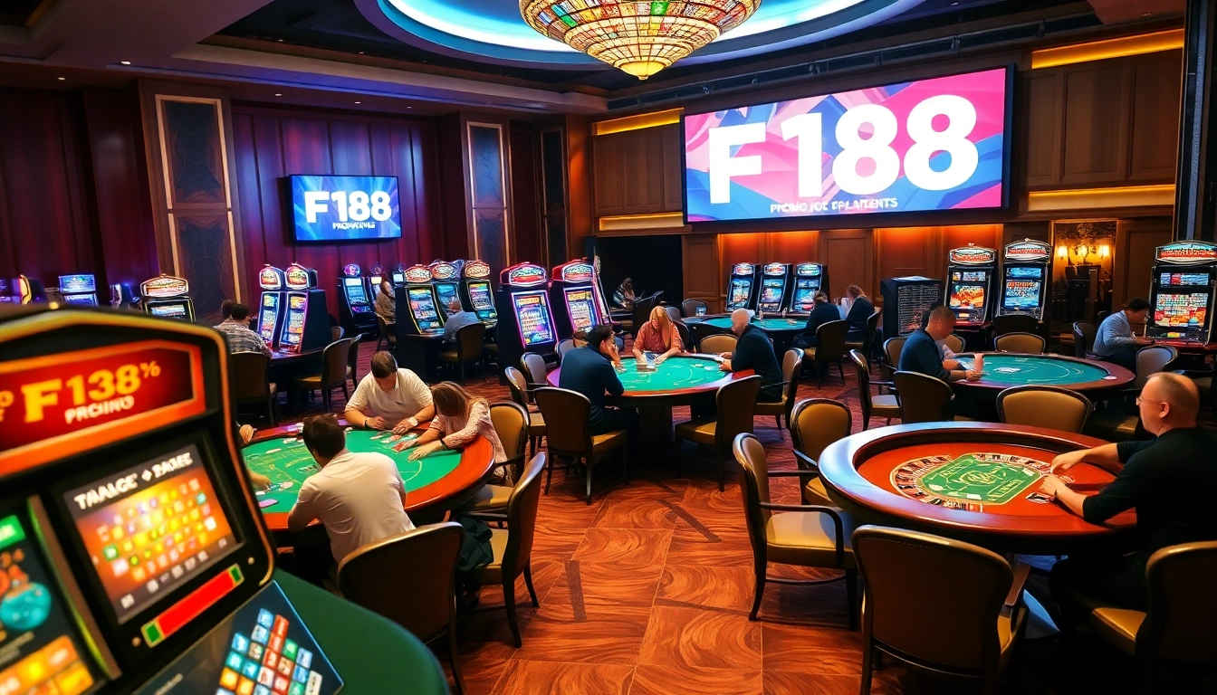 Players enjoying various casino games at F168 with vibrant slot machines and elegant tables.