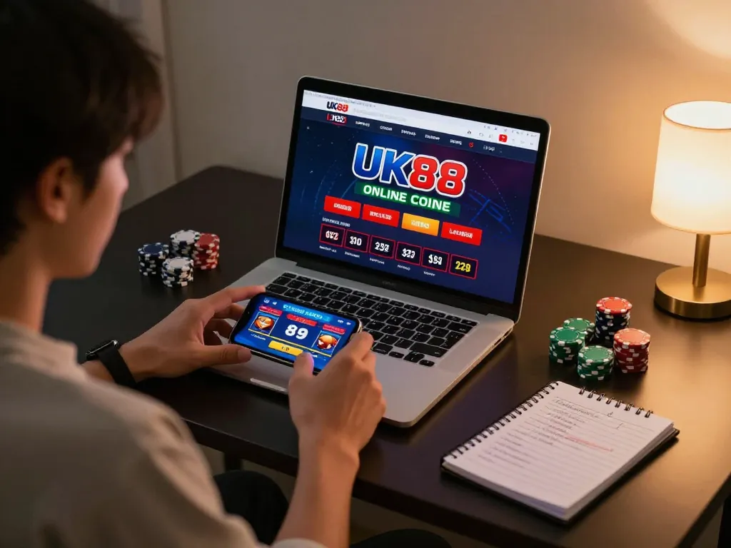 Engaging in online casino gameplay on UK88 with a laptop and smartphone strategy.