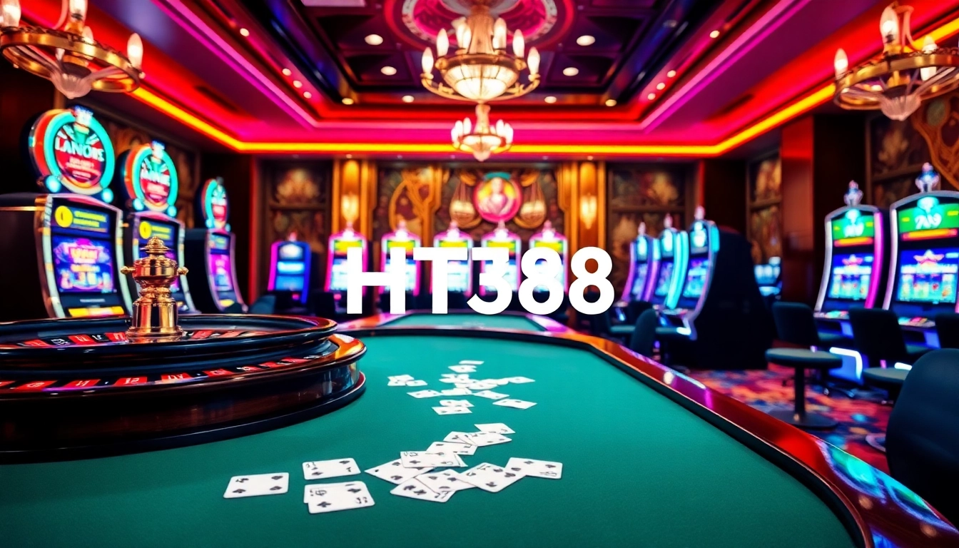 HT368 casino scene featuring roulette, poker chips, and vibrant slot machines.