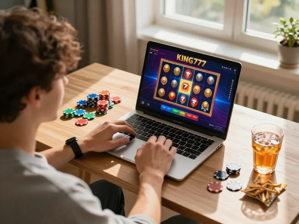 Terlibat dalam permainan kasino online king777 yang menarik di laptop dalam suasana rumah yang nyaman.