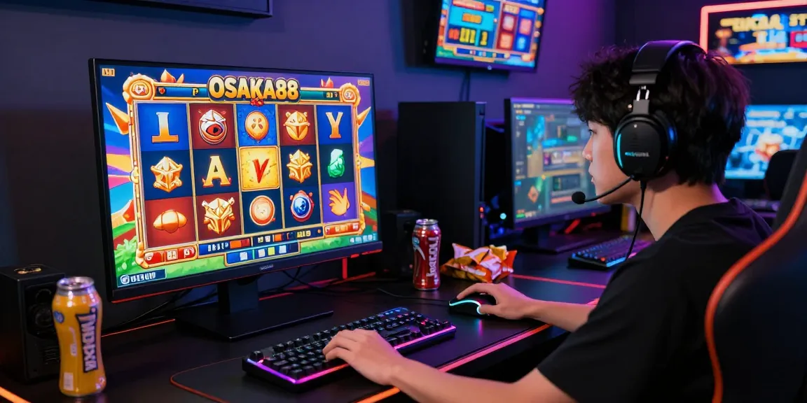 Player enjoying OSAKA88 slot game with vibrant graphics, gaming setup, and jackpot display.