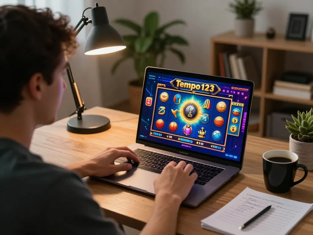 Berinteraksi dengan permainan Slot Tempo123 dalam pengaturan kantor rumah yang nyaman, menampilkan grafik yang cerah dan catatan strategis.