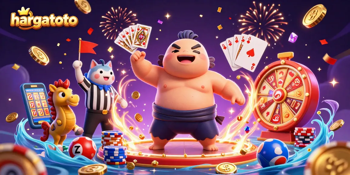 Experience HARGATOTO's dynamic lottery scene with colorful characters and exciting game elements.