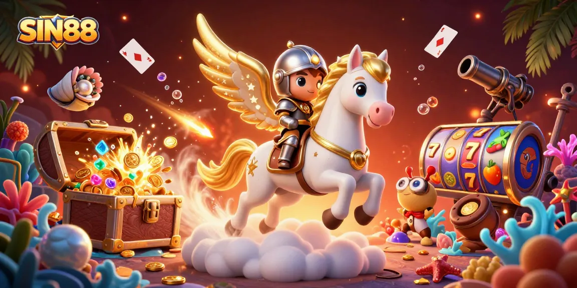 SIN88 reveals a thrilling gaming adventure, with a celestial horse and vibrant slot elements in a fantasy scene.