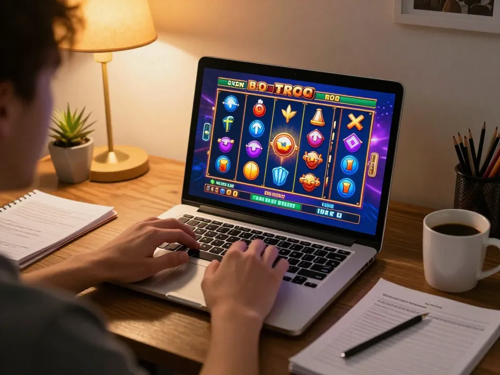 Gambar menarik dari skenario login hargatoto saat seorang pemain menikmati permainan slot online yang cerah di rumah, menyoroti taruhan cerdas.