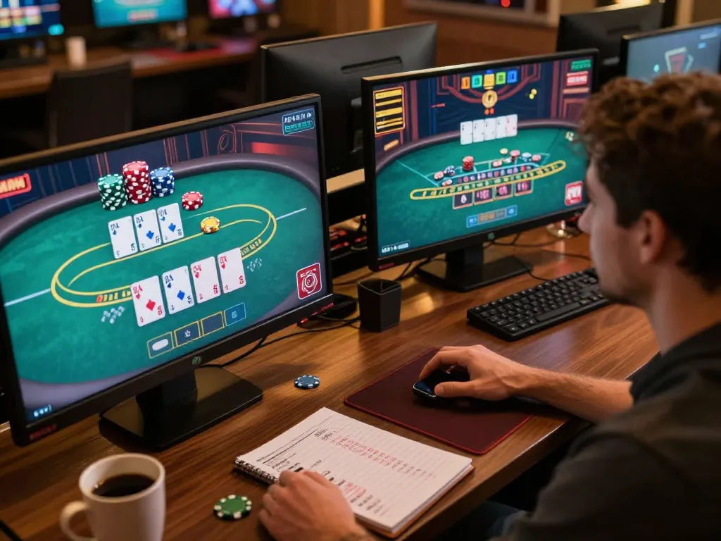 VT88 player navigating an online poker game on multiple screens, showcasing strategic gameplay and immersive atmosphere.