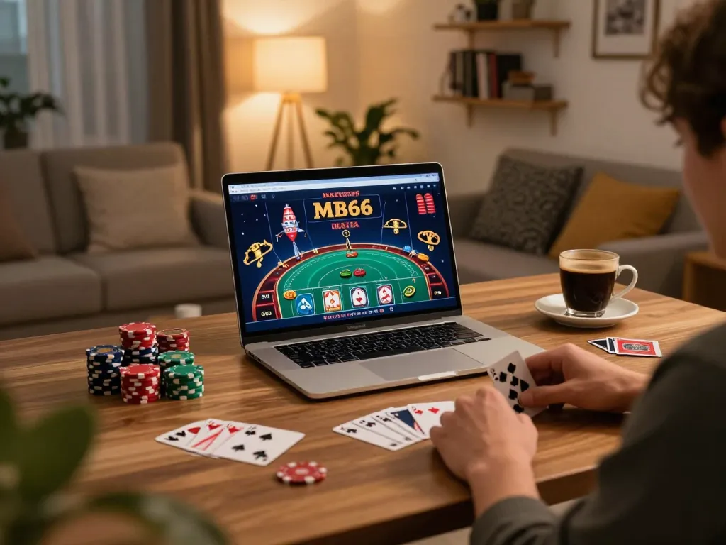 Engaging in online poker through the MB66 platform in a comfortable home setting with a cozy atmosphere.
