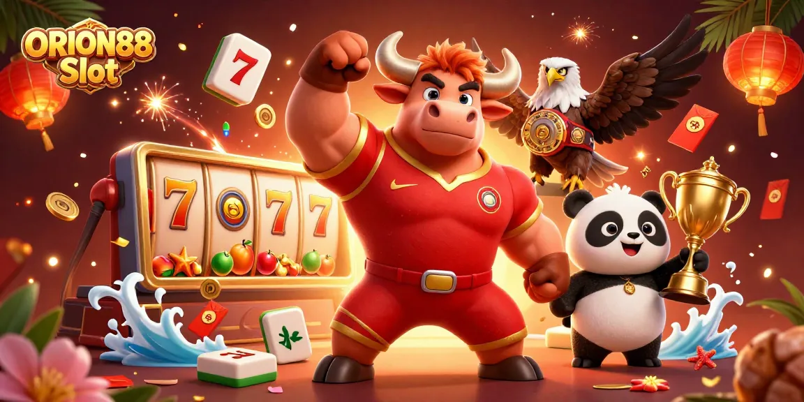 Win with ORION88 Slot: Capture the excitement of victory with a 3D illustration of a bull mascot and friends.