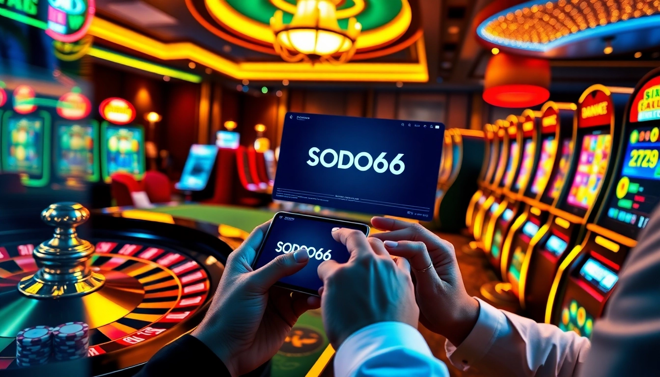 SODO66 players enjoying an exciting online casino experience with vibrant slot machines and poker chips.