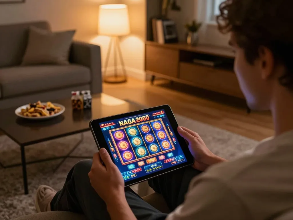 NAGA2000 player enjoying online slots in a cozy home setting, showcasing vibrant gaming interface.